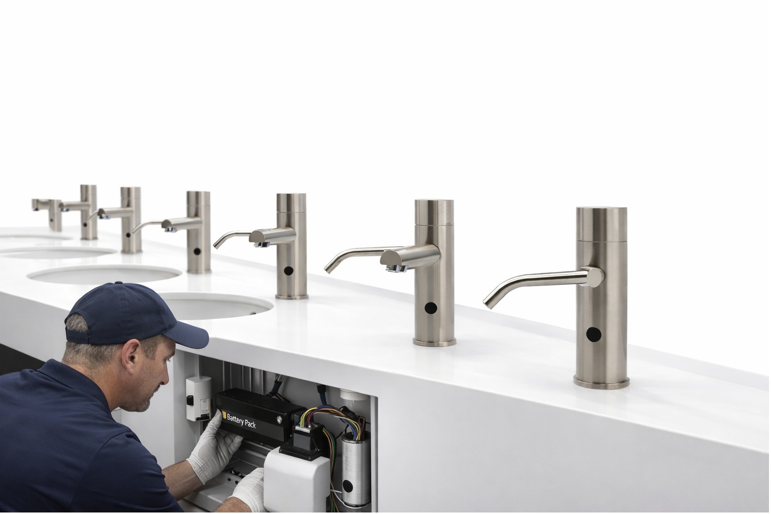 Public restroom touchless faucet station designed for high-traffic durability and easier maintenance access